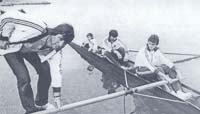 Zorz i Bjelanovic s kormilarom Zecevicom i trenerom Bajlom, Split 1981.